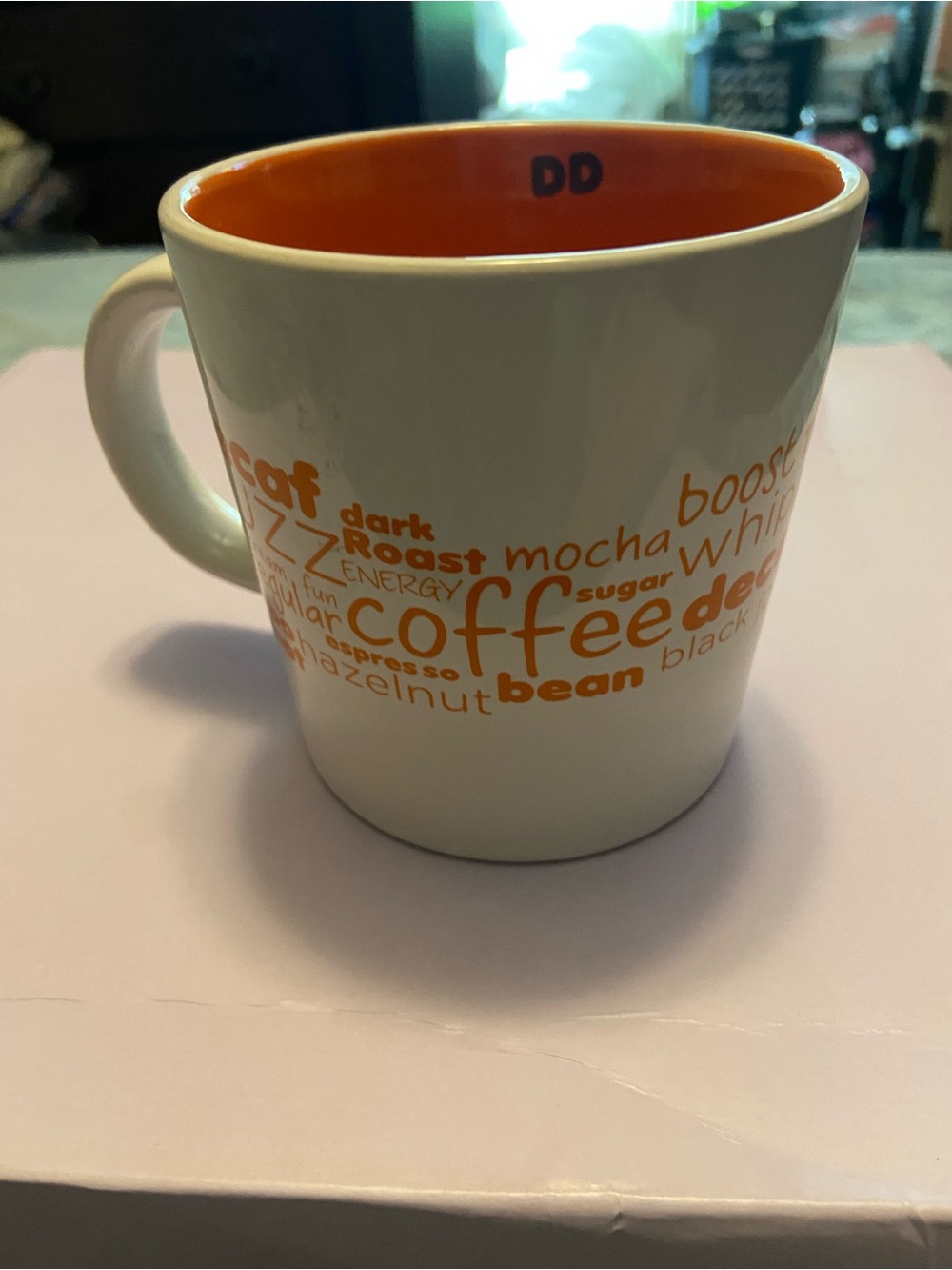 Dunkin’ Donuts White Ceramic Coffee Mug with Orange Interior and Word Art